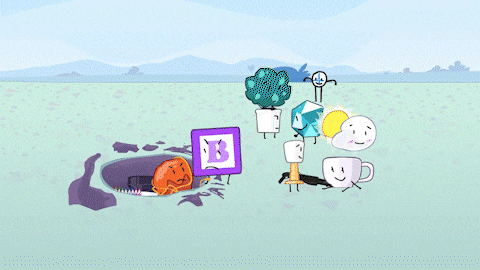 a cartoon drawing of a giant hand holding a purple block with the letter b on it