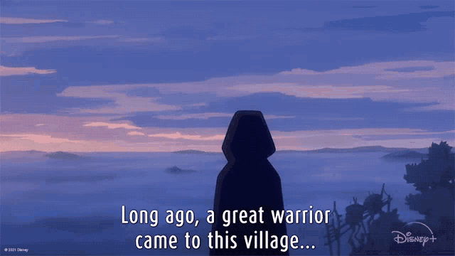 a cartoon of a person with the words long ago a great warrior came to this village written below them