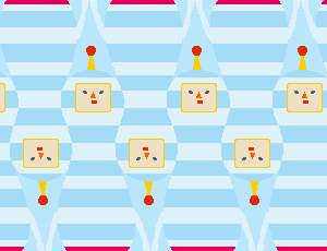 a blue and white striped background with a pattern of faces with the letter t on them