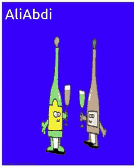 a cartoon of two wine bottles holding champagne glasses with the name aliabdi on the bottom