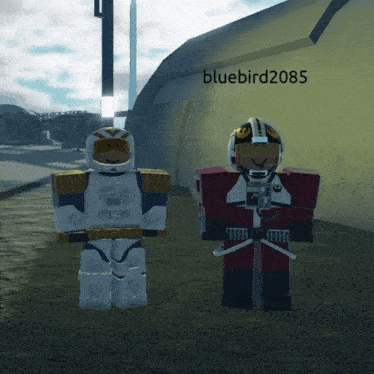 two lego figures are standing next to each other with the name bluebird2085 on the bottom left