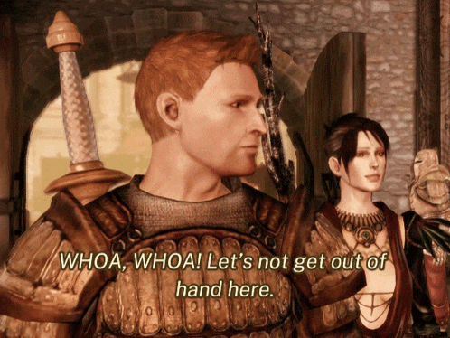 a man and a woman are standing next to each other and the man is saying whoa