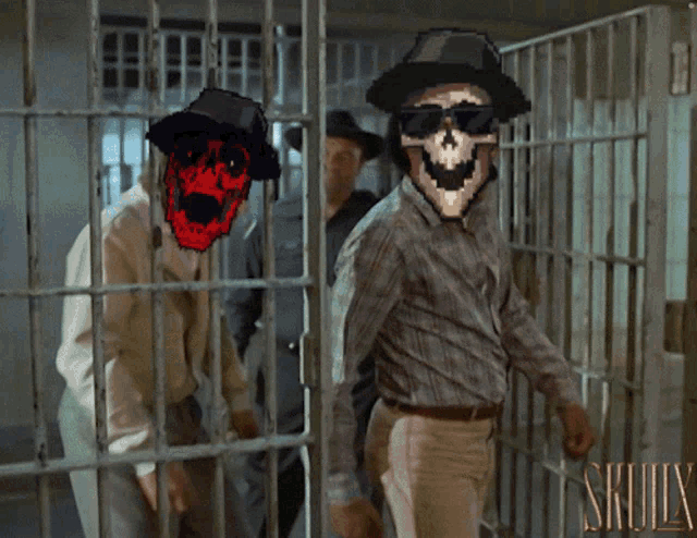 two men behind bars with skulls on their faces and the word skulix on the bottom right