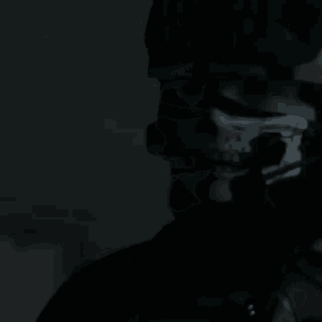 a man with a skull mask on his face is holding a gun in the dark .