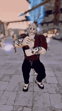 a man with a lion 's head is standing on a brick sidewalk