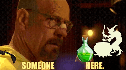 a man is holding a bottle with a green liquid and a witch in a cauldron behind him .