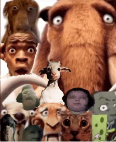 a bunch of cartoon characters including a goat