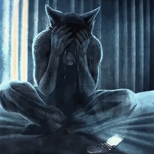 a painting of a man covering his face with his hands next to a cell phone