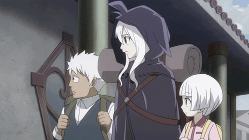 three anime characters standing next to each other with one wearing a hooded cape