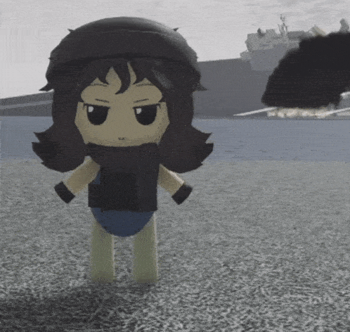 a cartoon character is standing in front of a large ship