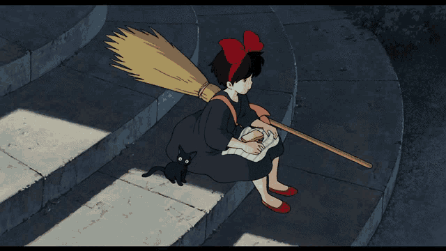a girl with a red bow sits on a set of steps with a broom