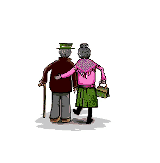 a pixel art drawing of an elderly couple kissing with hearts coming out of their heads