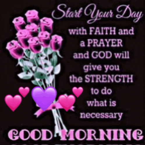 a good morning message with a bouquet of pink roses and hearts