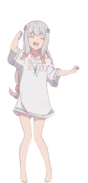 a girl with chinese writing on her shirt is standing with her arms outstretched