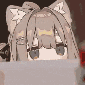 a cartoon of a girl with cat ears peeking out from behind a box .