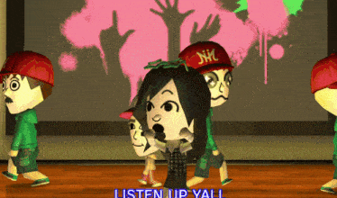 a girl in a red nyc hat is surrounded by other characters