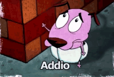 courage the cowardly dog is sitting on a toilet and saying addio .