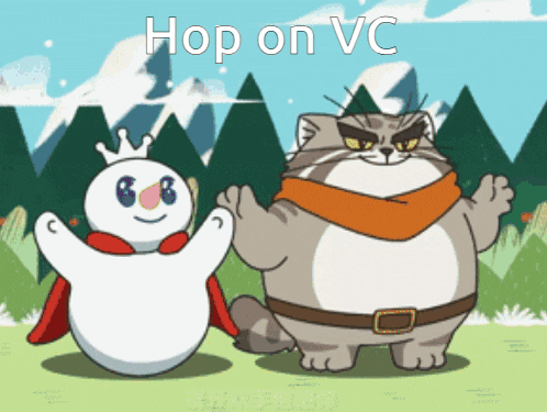 a snowman and a cat are standing next to each other with the words hop on vc written above them