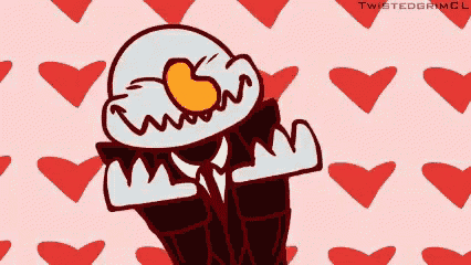 a cartoon character in a suit and tie is surrounded by red hearts on a pink background .