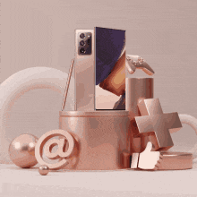 a phone is sitting on top of a podium surrounded by various icons
