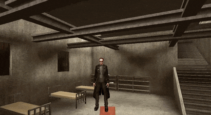a man in a suit is standing on a red chair in a room with stairs