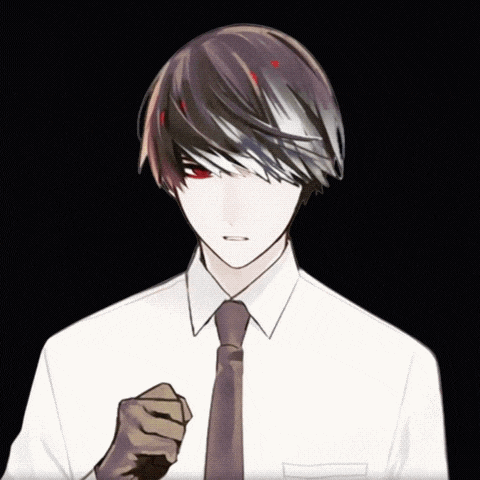 a man wearing a white shirt and black tie has red eyes