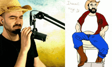 a man with a straw hat next to a drawing of a man with a beard