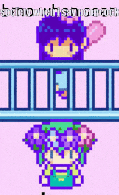 a pixel art of a girl holding a heart with the words society when i say poopcock below her