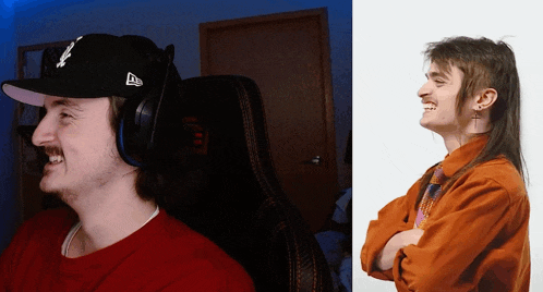 a man wearing a hat and headphones next to a picture of a man with long hair
