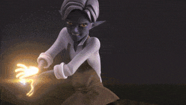 a cartoon character with purple hair and a white shirt is holding a lightning bolt