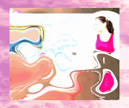a woman in a pink tank top is sitting in front of a painting