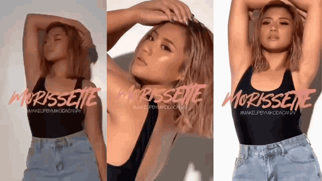 three images of a woman with the word morisette written on them