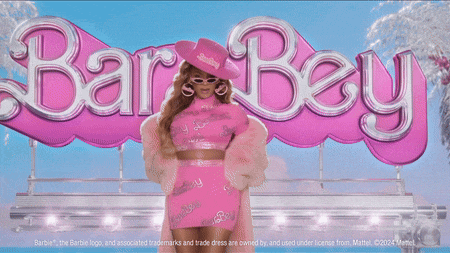 a woman in a pink outfit is standing in front of a sign that says bar bey