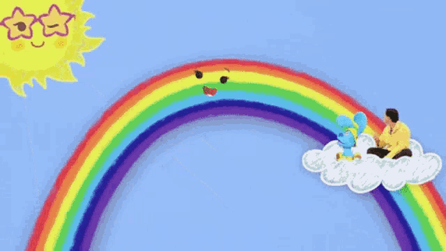 a drawing of a man sitting on a cloud with a rainbow behind him
