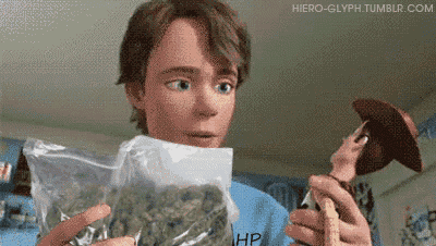 a boy is holding a bag of marijuana next to a toy story woody doll