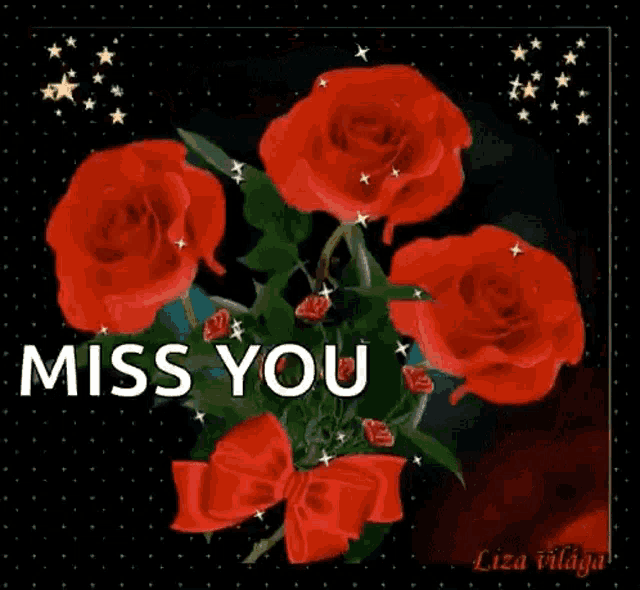 a bouquet of red roses with the words miss you written on the bottom