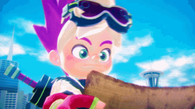 a cartoon character with a purple hair and goggles holding a piece of wood