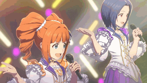 two anime girls singing into microphones with purple lights behind them