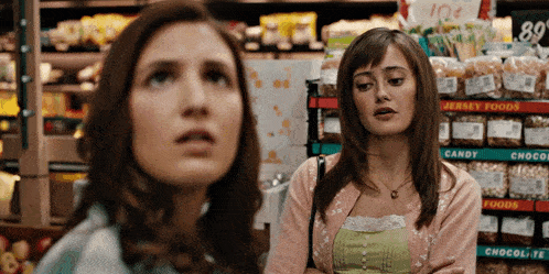 two women standing in front of a candy aisle in a store