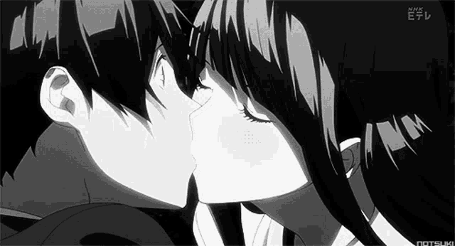 a boy and a girl kissing in a black and white anime scene