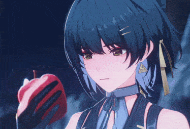 a girl with blue hair is holding an apple