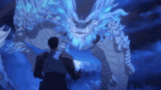 a man is standing in front of a large white dragon with blue flames