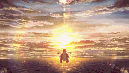a dragon is flying over the ocean at sunset with the sun shining through the clouds