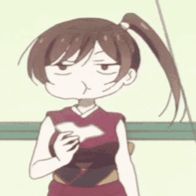 a cartoon girl with a ponytail is making a funny face while holding a piece of paper in her hand .