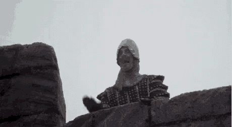 a man in a helmet is standing on top of a stone wall .