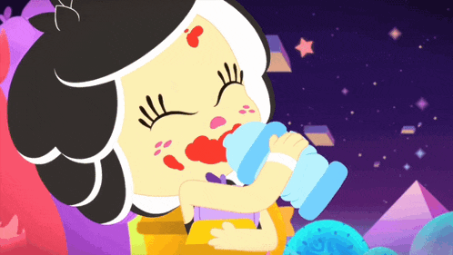 a cartoon of a girl drinking water from a blue bottle