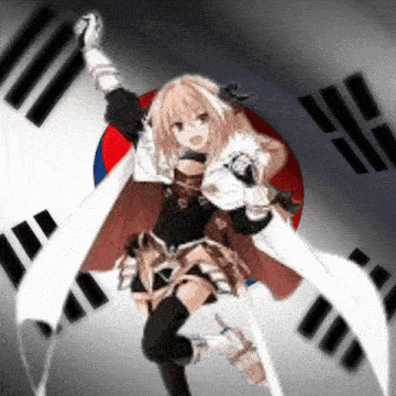 a girl is standing in front of a korean flag holding a sword