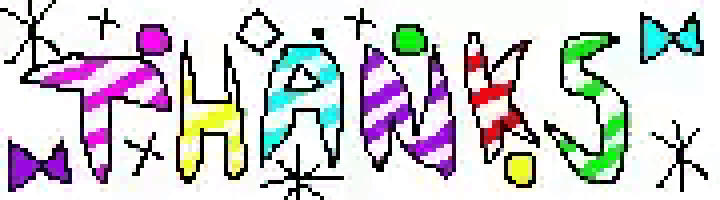 the word thanks is written in colorful pixel art on a white background