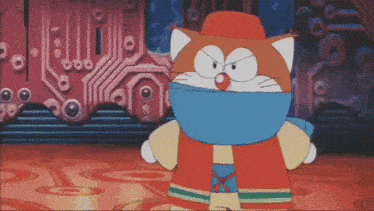 a cartoon cat wearing a red hat and a blue scarf