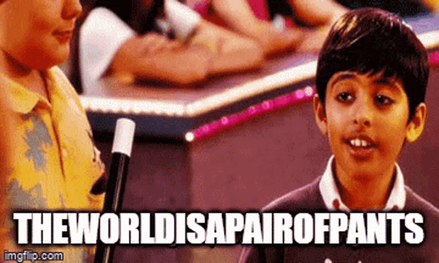 a young boy is holding a magic wand in front of a crowd and the words " the world disapairofpants " are written below him